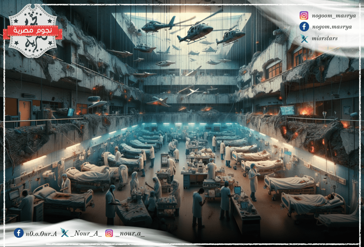 مجموعة من المرضى على أسرة المستشفى ويراقبهم الممرضين والأطباء وفوقهم يحلق طائرات - مصدر الصورة: تم توليدها بواسطة ChatGPT 4