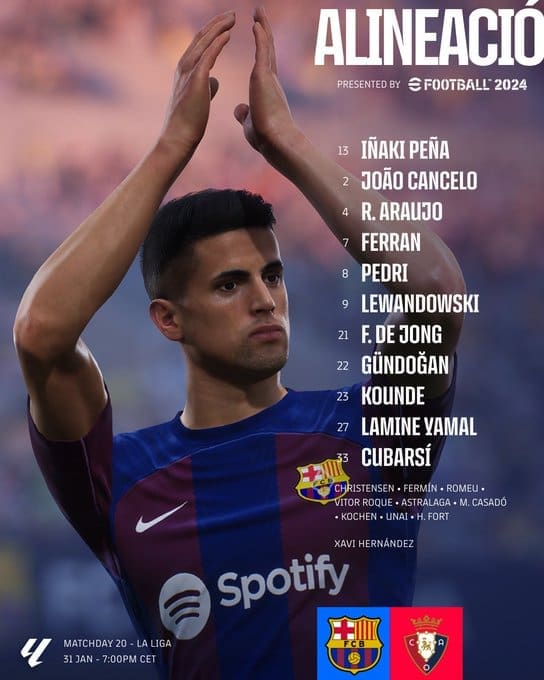 تشكيل برشلونة لمواجهة أوساسونا - مصدر الصورة: حساب برشلونة على تويتر